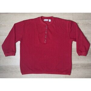 Vintage Points West Red Henley Sweatshirt Size Med Button Front Pullover Fleece